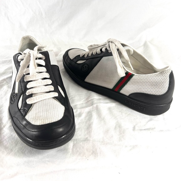 GUCCI Black Leather White Canvas Men's Sneakers Made in Italy 7.5 8US - Picture 1 of 12